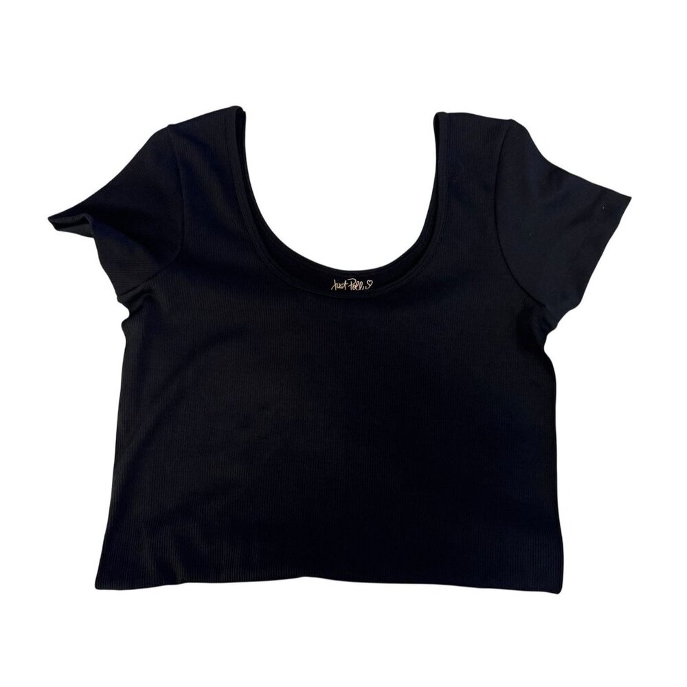 Just Polly Black Bodysuit XL Ribbed Short Sleeve Stretch Snap Bottom